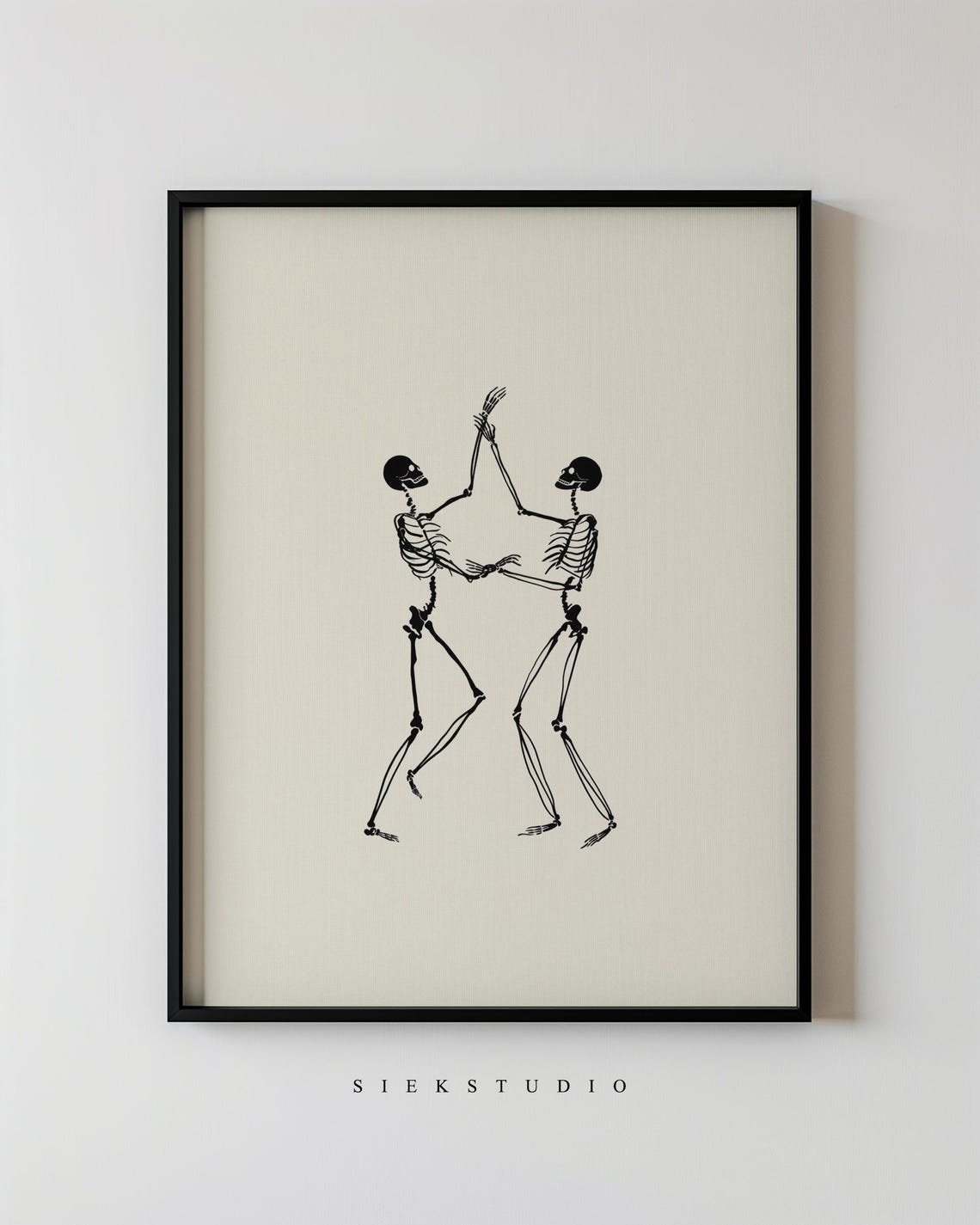 Dancing Skeletons Minimalist Black Line Halloween Art Poster