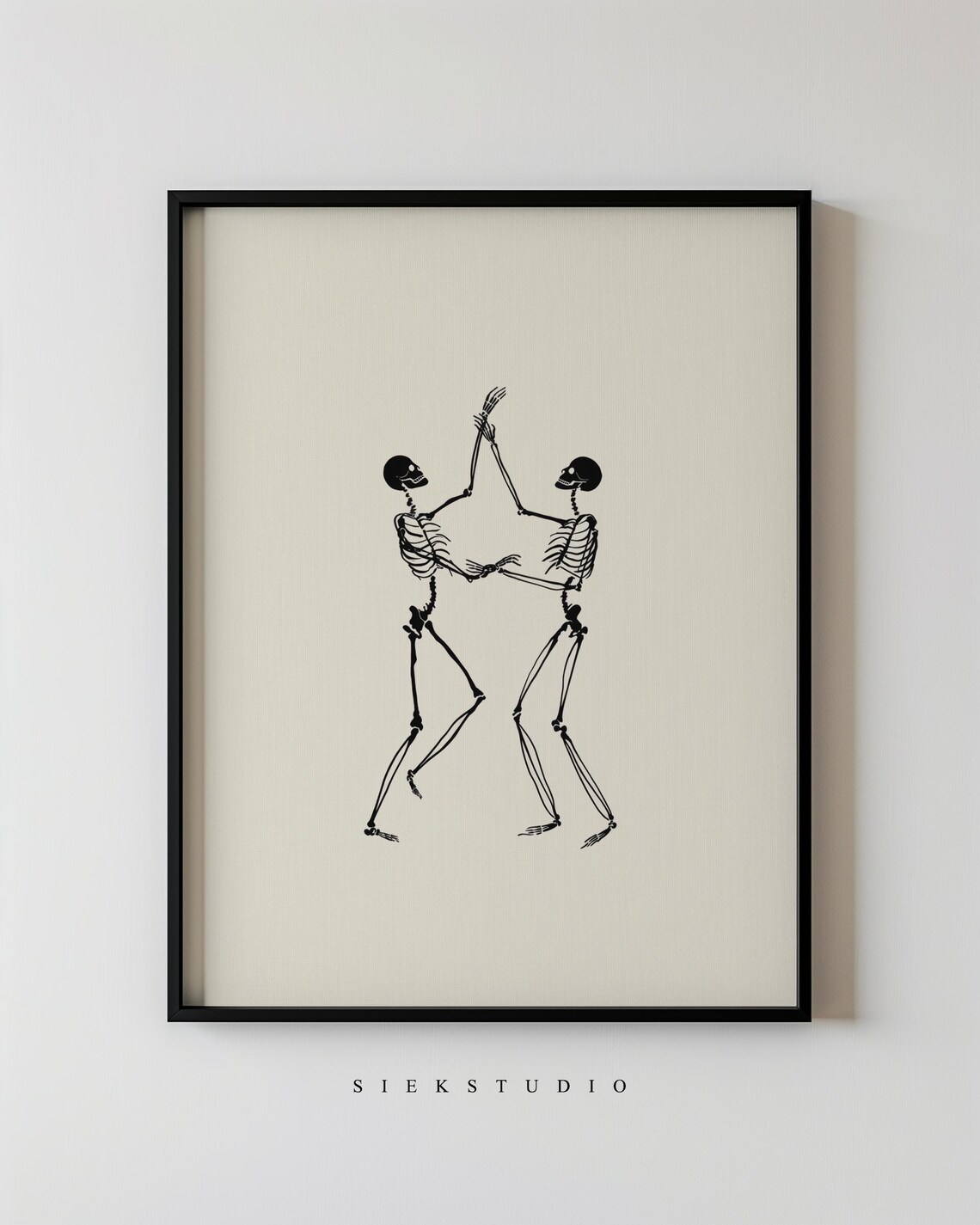 Dancing Skeletons Minimalist Figurative Drawing Modern Black Halloween Skeleton Art Illustration Neutral Contemporary Wall 124