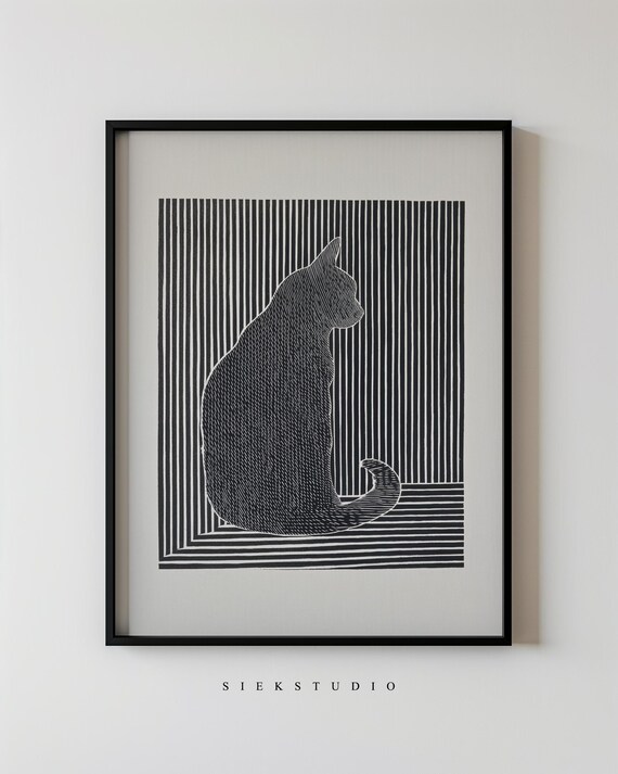 Black Cat Illustration, Minimalist Line Art Print