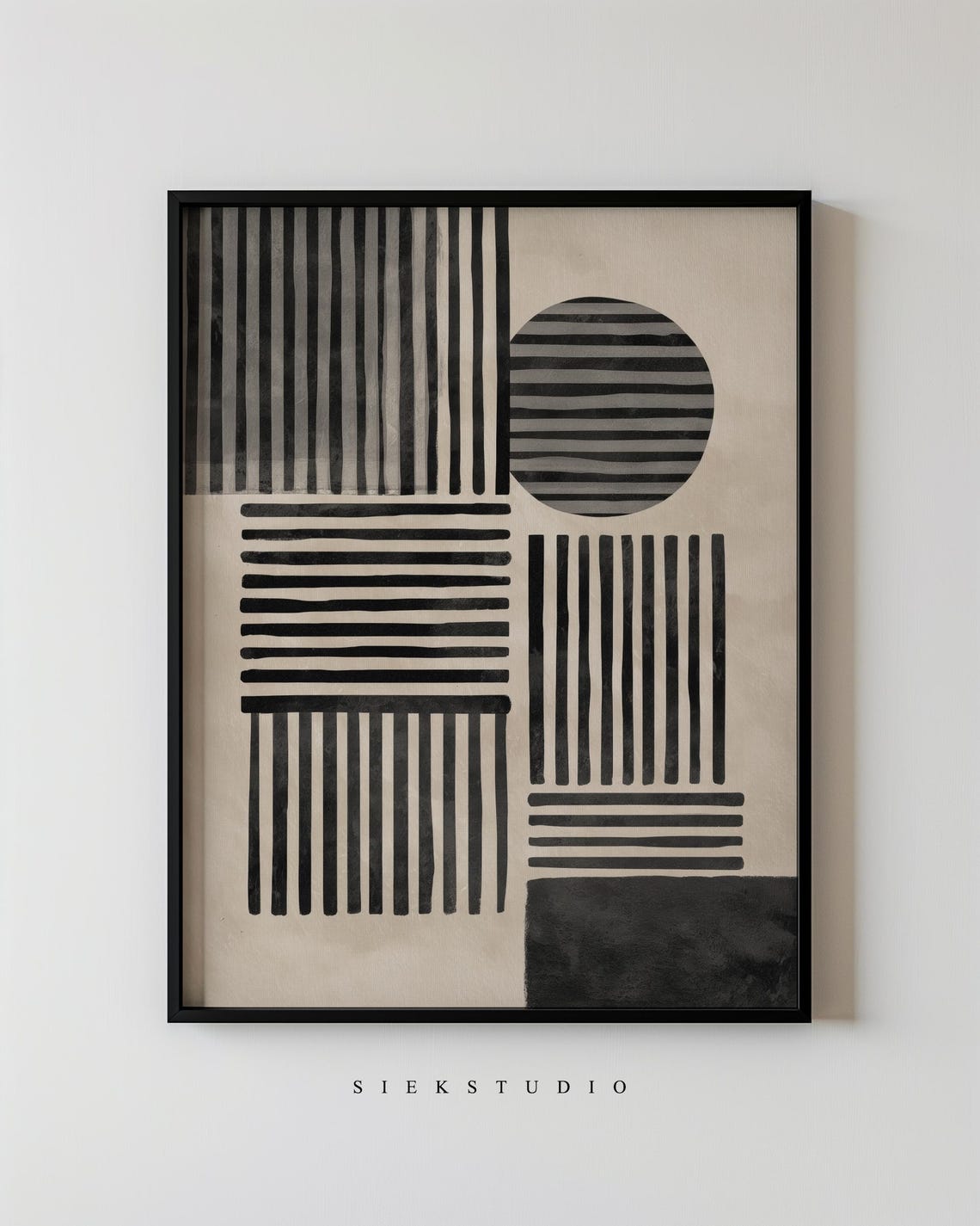 Midcentury Geometric Lines Striped Circle Black Beige Abstract Poster