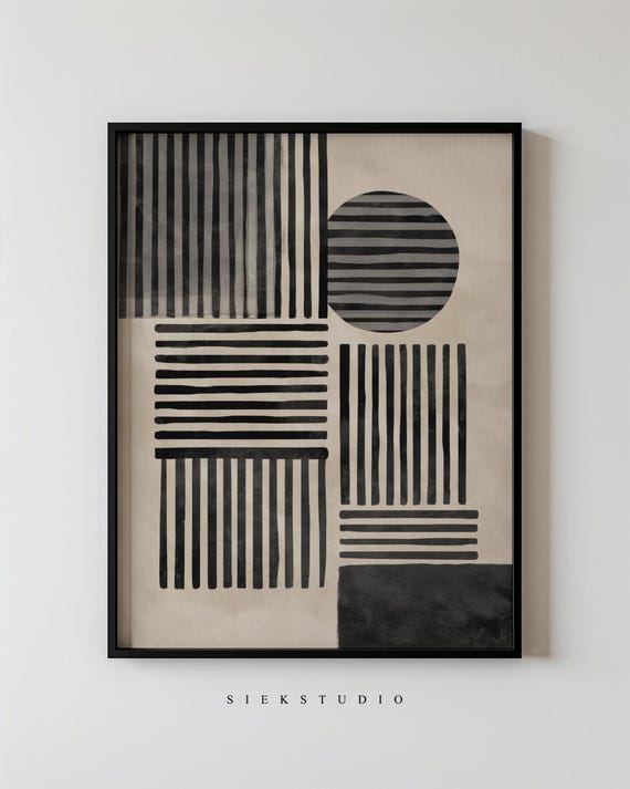 Abstract Midcentury Minimalist Lines And Shapes Modern Bold Black Beige Wall Art Neutral Contemporary Home Decor Artwork 163