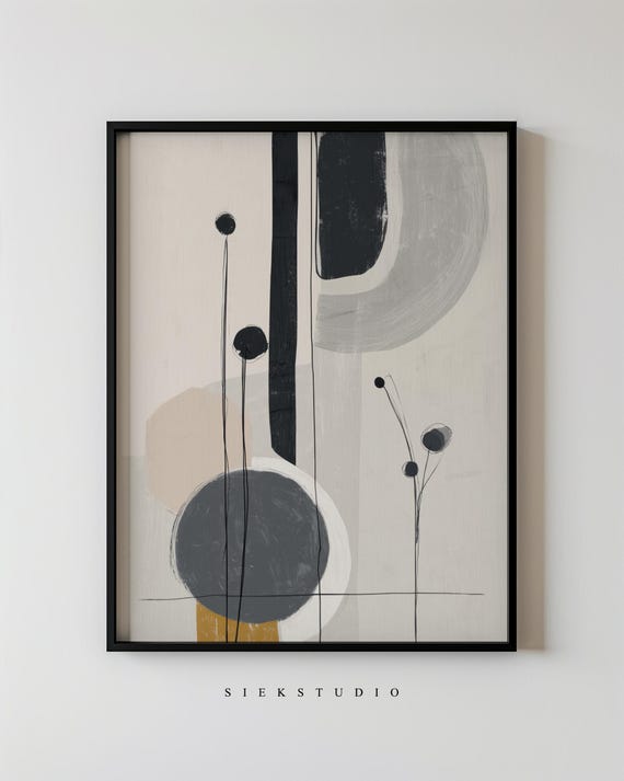 Abstract Minimalist Circles And Shapes Geometric Floral Wall Art Modern Black Beige Line Contemporary Home Design Decor 273