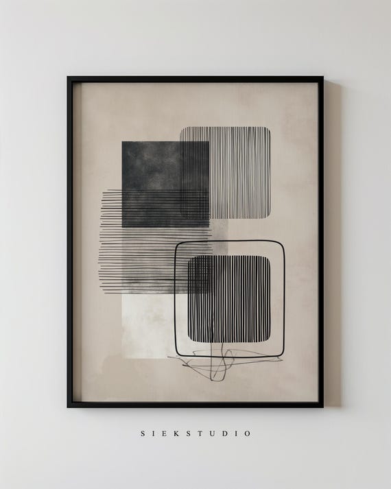Modern Abstract Square Blocks Minimalist Beige Black Line Drawing Wall Art Neutral Contemporary Geometric Living Room Decor 154