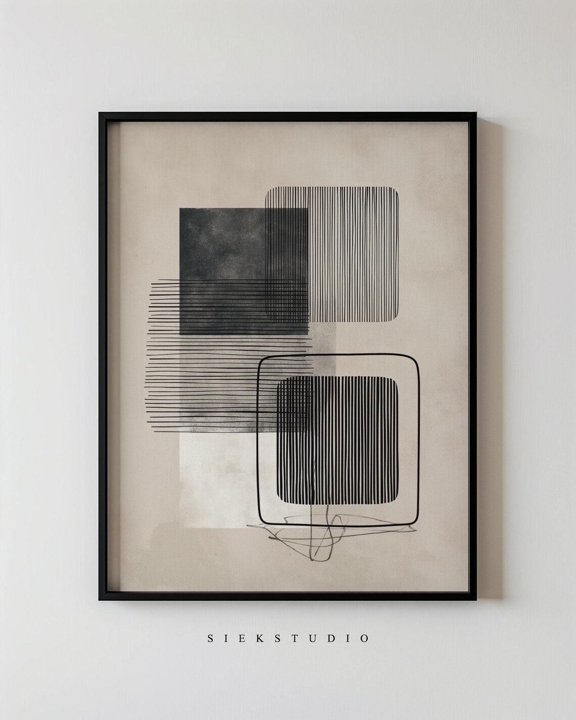 Abstract Black Beige Square Blocks Geometric Minimalist Art Poster