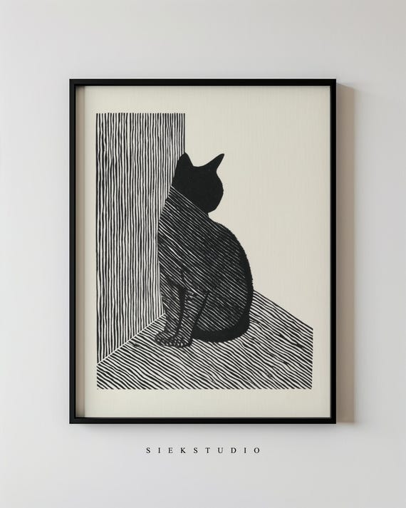 Modern Abstract Black Cat Illustration Minimalist Animal Line Drawing Neutral Contemporary Silhouette Art Decor For Lovers 95