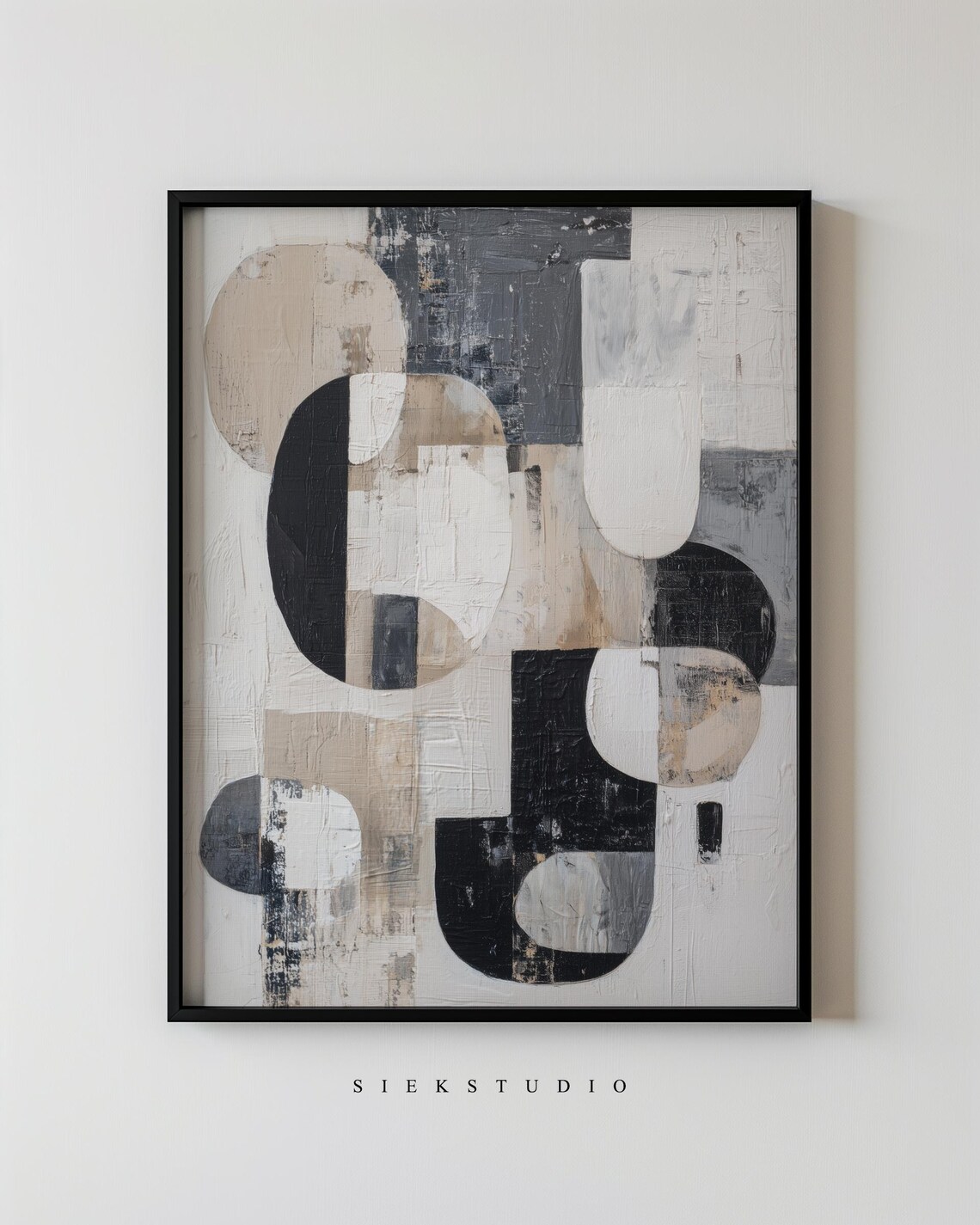 Modern Geometric Abstract Art Black White And Beige Minimalist Organic Neutral Wall Contemporary Structured Decor Artwork 84