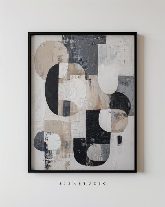 Modern Geometric Abstract Art Black White And Beige Minimalist Organic Neutral Wall Contemporary Structured Decor Artwork 84