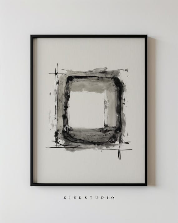 Abstract Square Line Art Black Ink Shape Minimalist Neutral Composition Modern Geometric Artwork Contemporary Decor