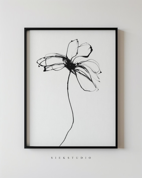 Black Line Flower Sketch Minimalist Wildflower Ink Drawing Wall Art