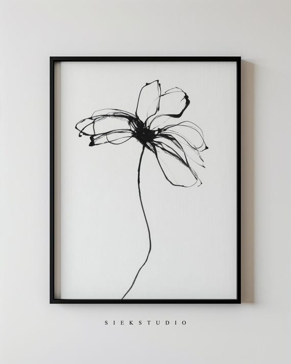Minimalist Abstract Floral Black And White Modern Line Illustration Drawing Neutral Botanical Flower Wall Art For Home Decor 184