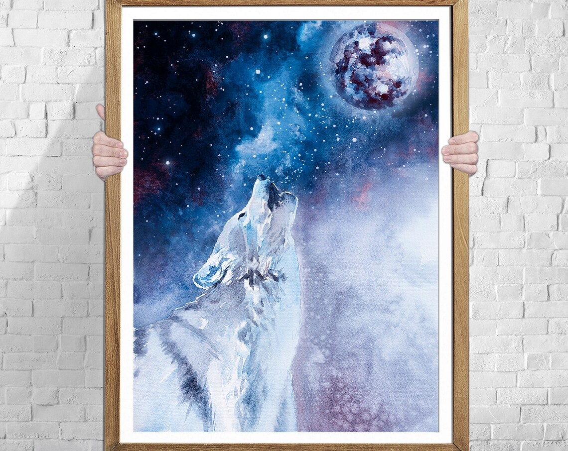 Wolf Moon Watercolor Art Print, Forest Animals