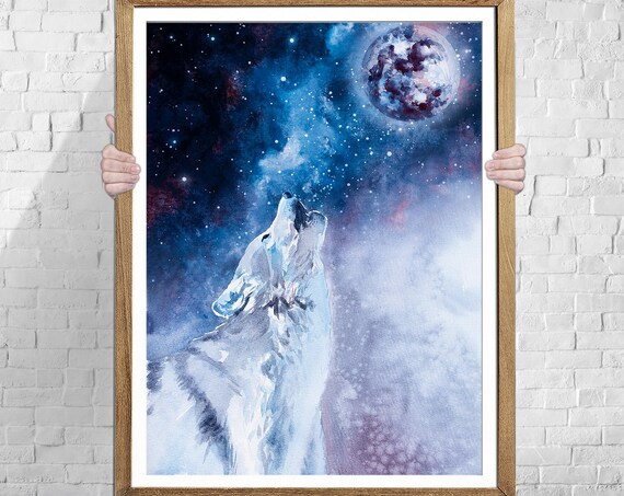 Wolf Moon Watercolor Art Print, Forest Animals