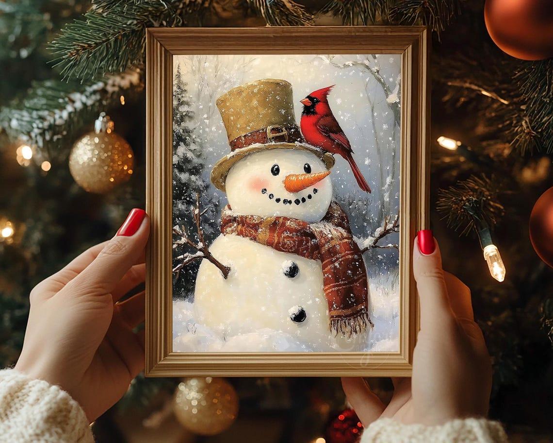 Snowman with Top Hat and Red Cardinal in Snowy Forest Wall Art - Image 7
