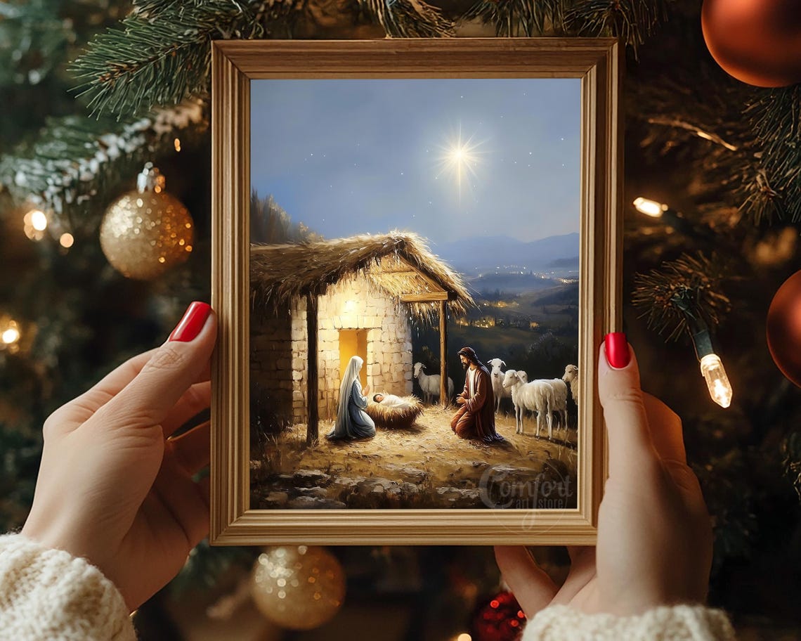 Silent Night Nativity Scene with Bethlehem Star and Sheep Poster - Image 7