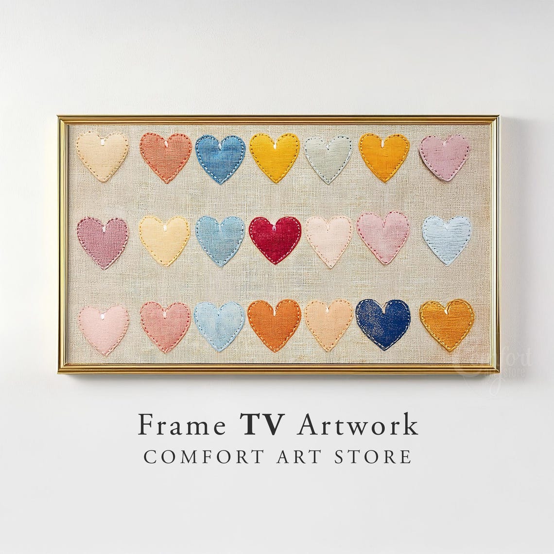 Valentines Stitched Hearts Grid Farmhouse Rustic Frame TV Wall Art - Image 2