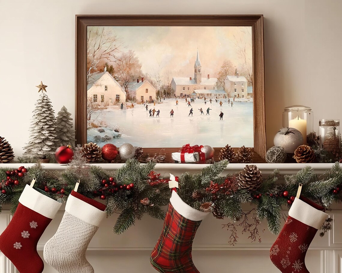 Frozen Pond Ice Skating Scene in Snowy Village Winter Wall Art - Image 2