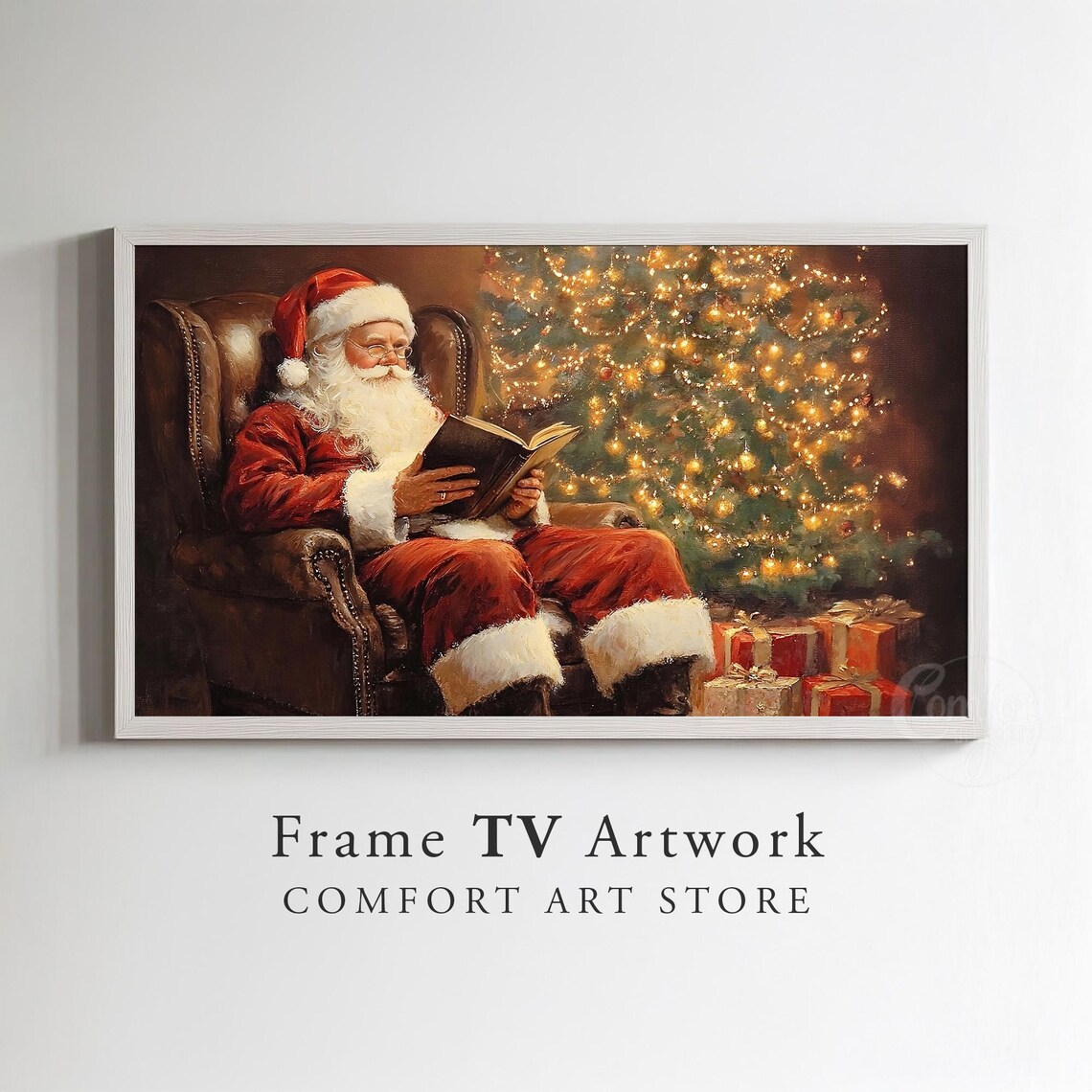 Santa Claus Reading a Book by the Christmas Tree Fireside Poster - Image 3