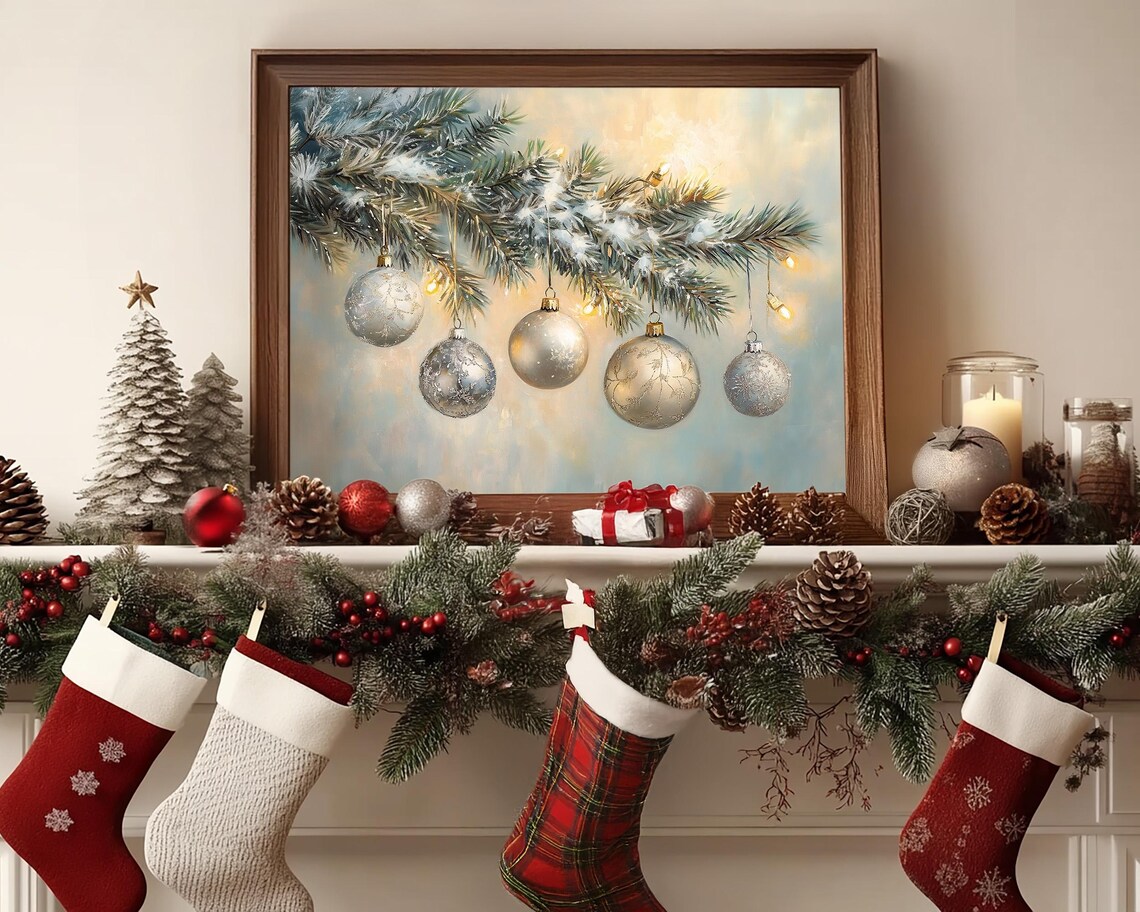 Elegant Champagne Gold Christmas Ornaments on Snowy Branch Poster - Image 6