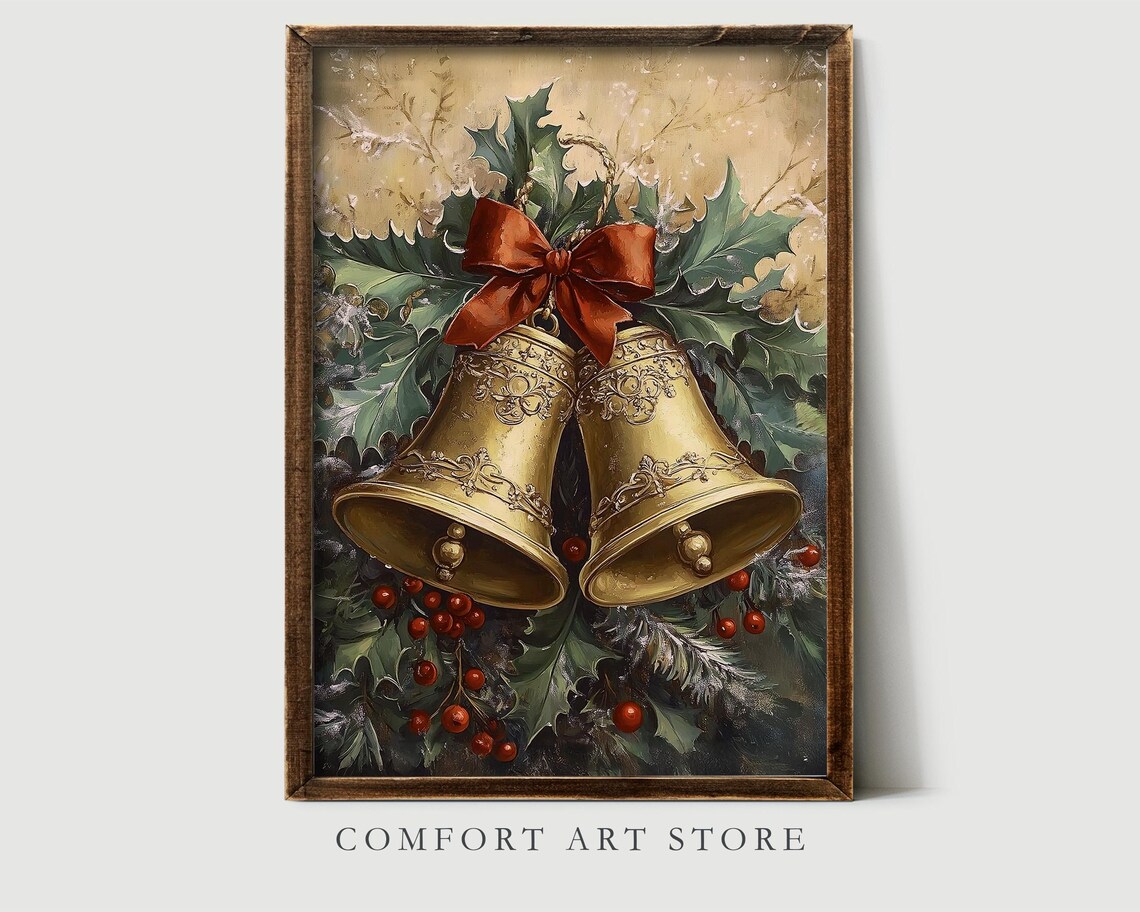Ornate Brass Christmas Bells with Holly and Red Bow Wall Art - Image 2