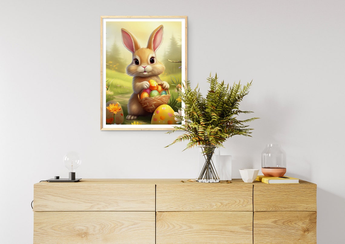 Adorable Bunny Holding Easter Egg Basket in Spring Meadow Wall Art - Image 3