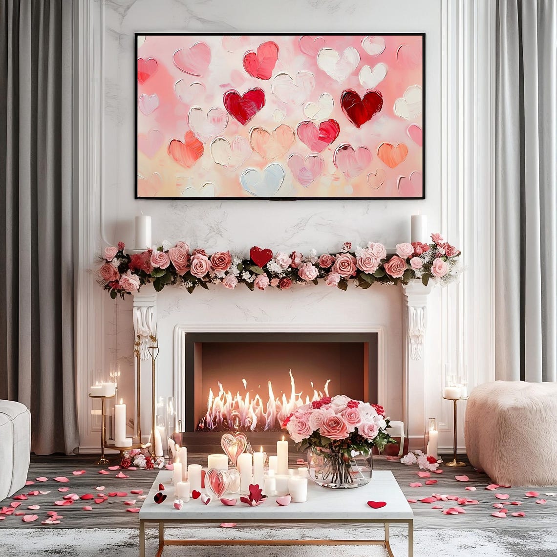 Valentines Red Pink Hearts Impasto Painting Frame TV Romantic Wall Art