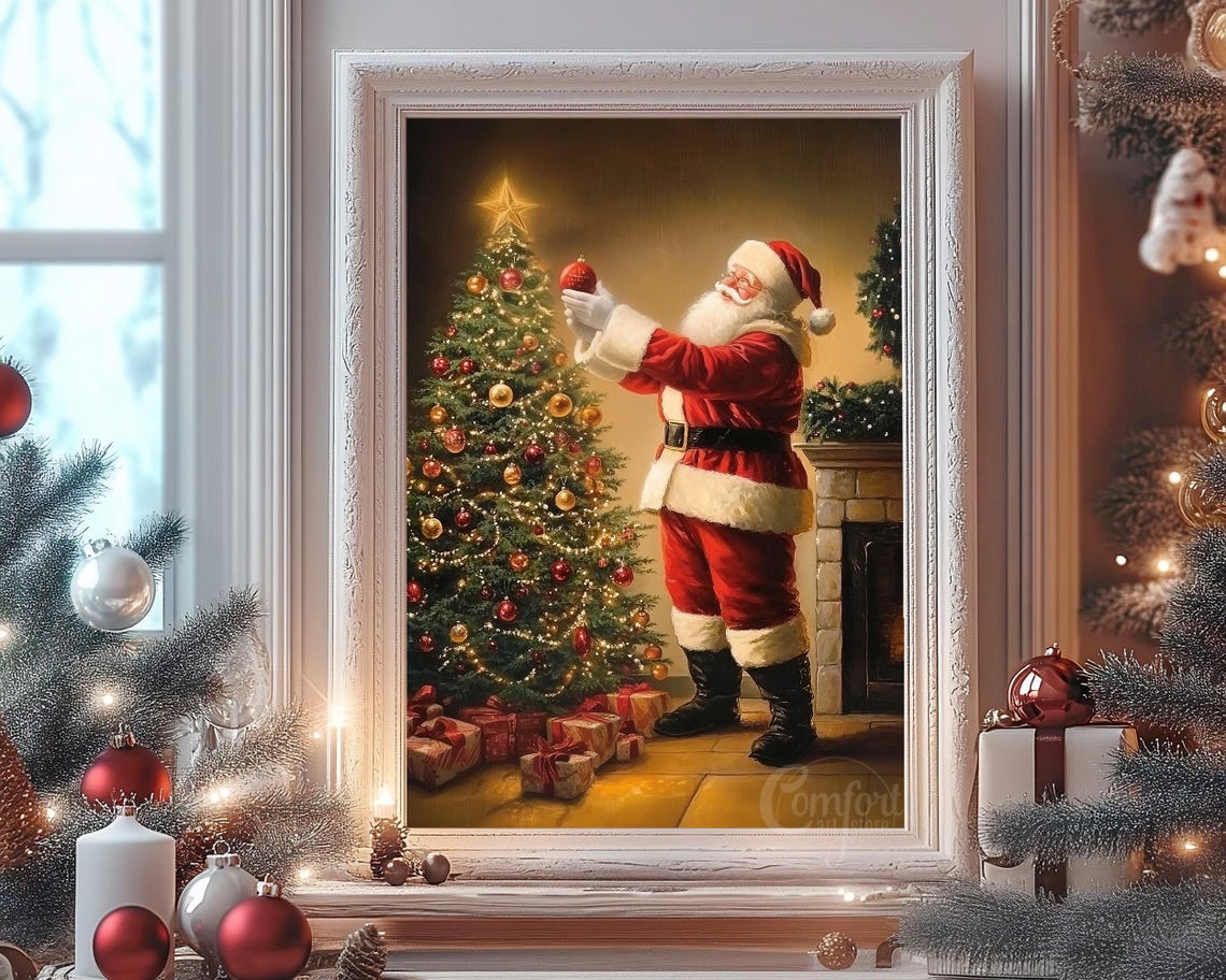 Vintage Santa Claus Decorating Christmas Tree by Fireplace Poster - Image 6