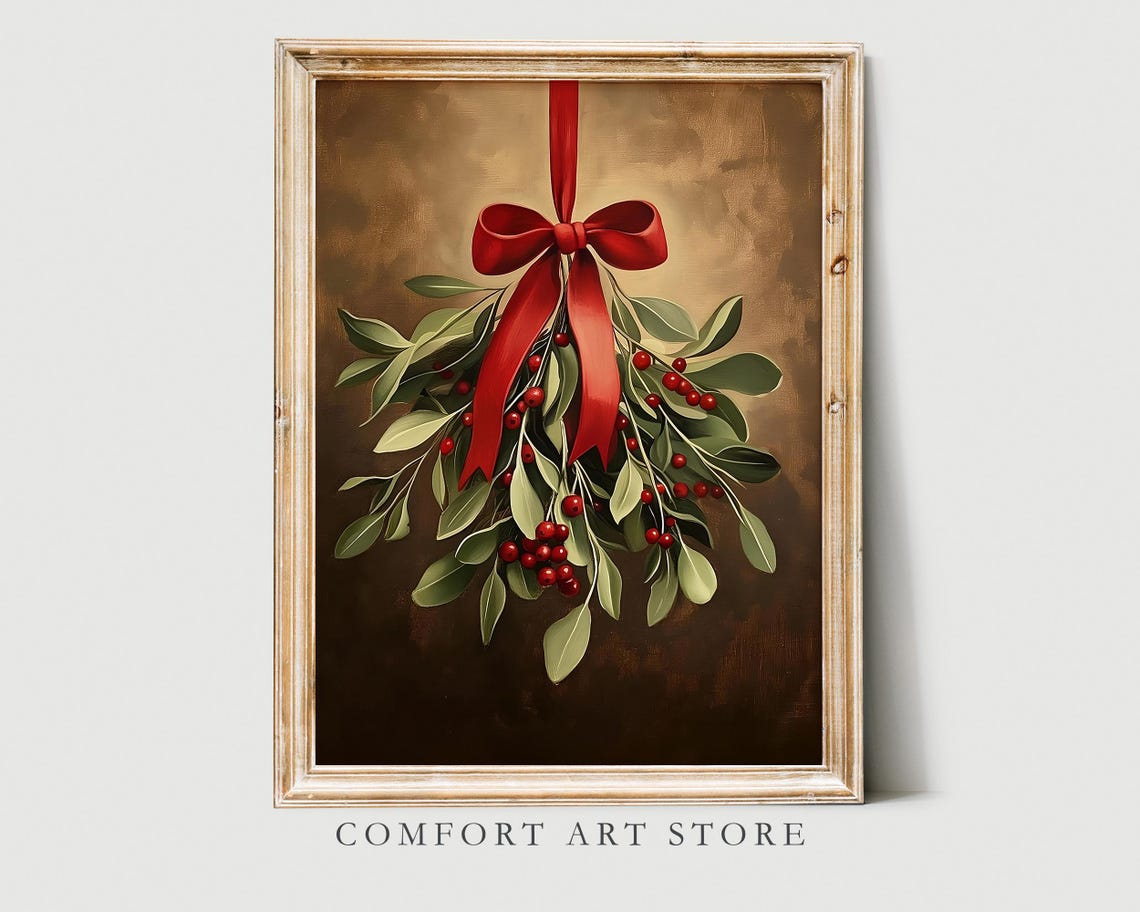 Christmas Hanging Holiday Greenery with Red Berries and Bow Print