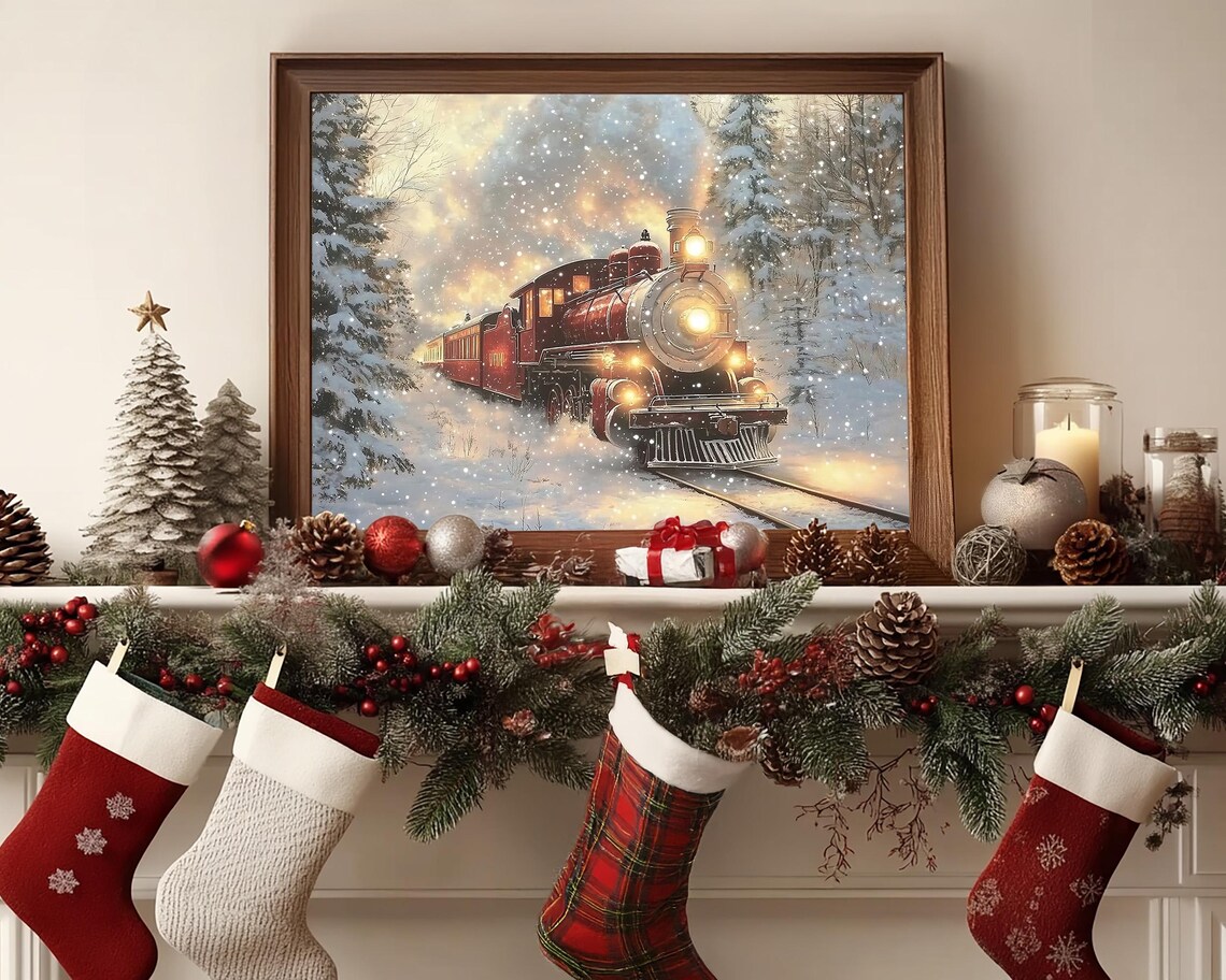 Red Steam Locomotive in Snowy Winter Forest at Dusk Wall Art - Image 6