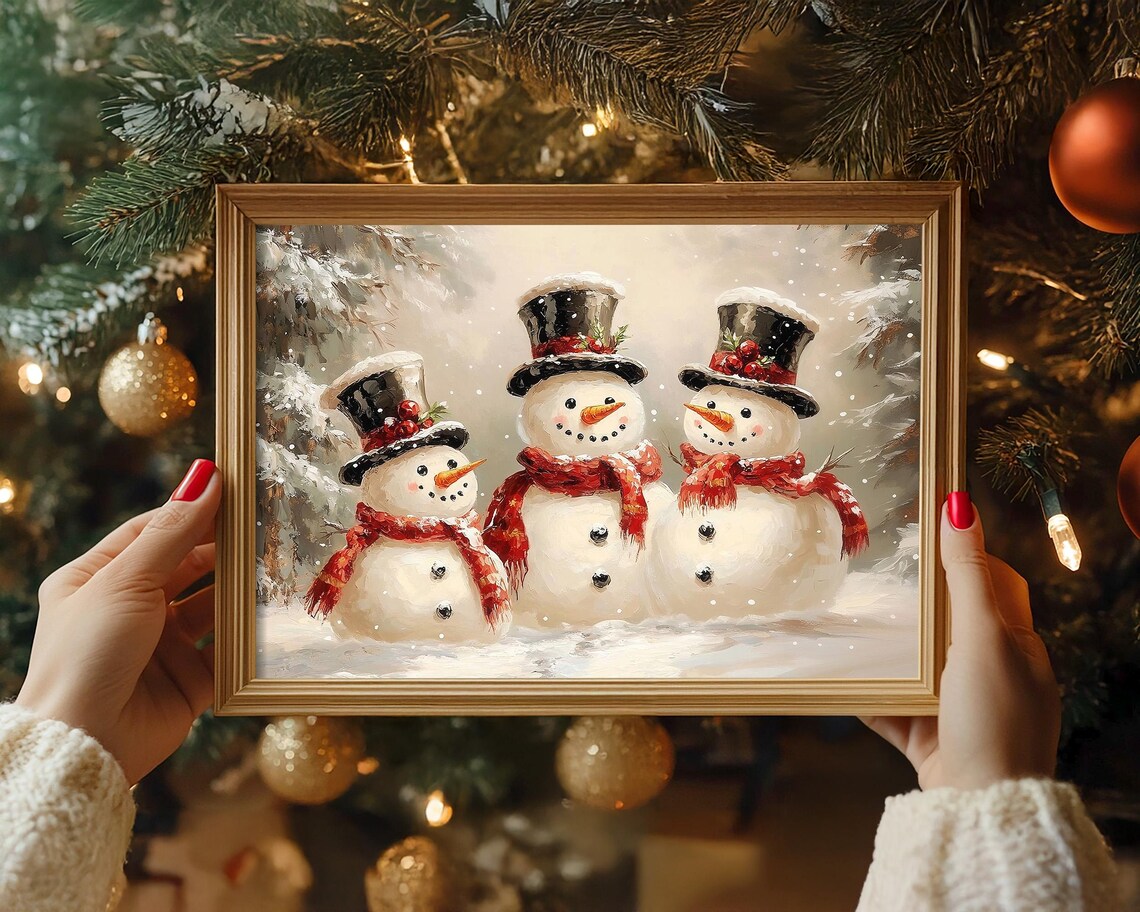 Jolly Three Happy Snowmen with Top Hats and Red Scarves Poster - Image 4