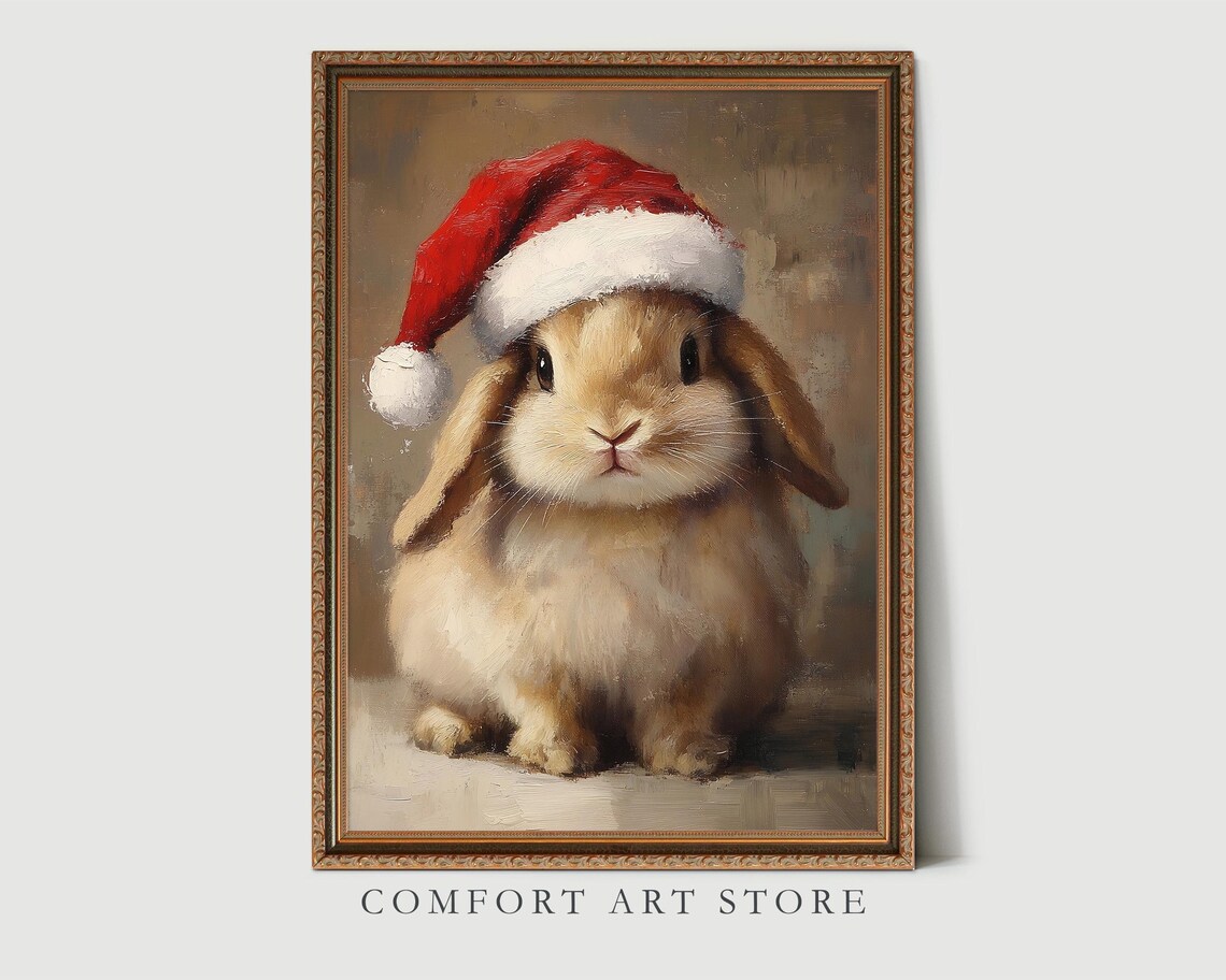 Precious Sweet Lop Eared Bunny in Santa Hat Holiday Art Poster - Image 3