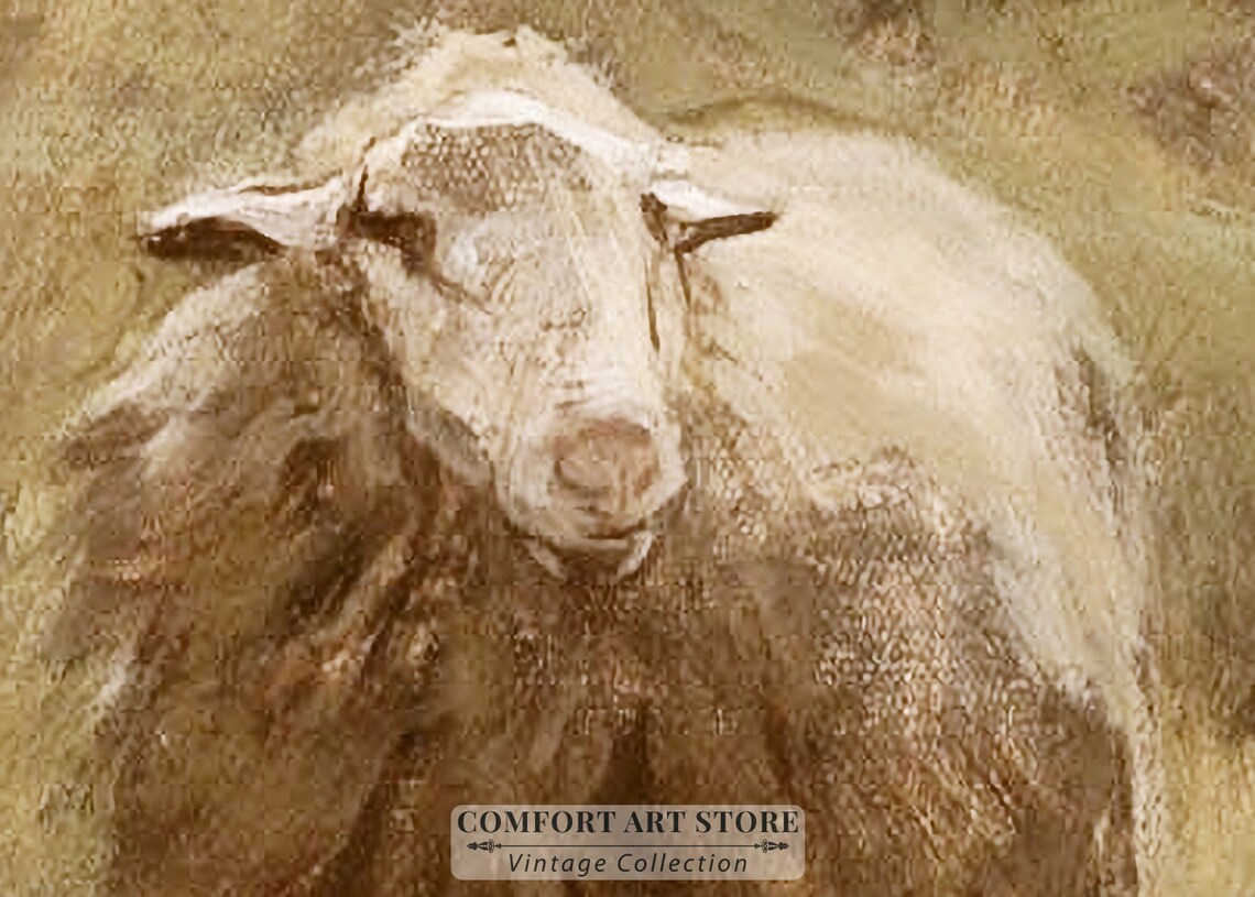 Sheep Portrait Antique Oil Painting Rustic Farm Animal Wall Art
