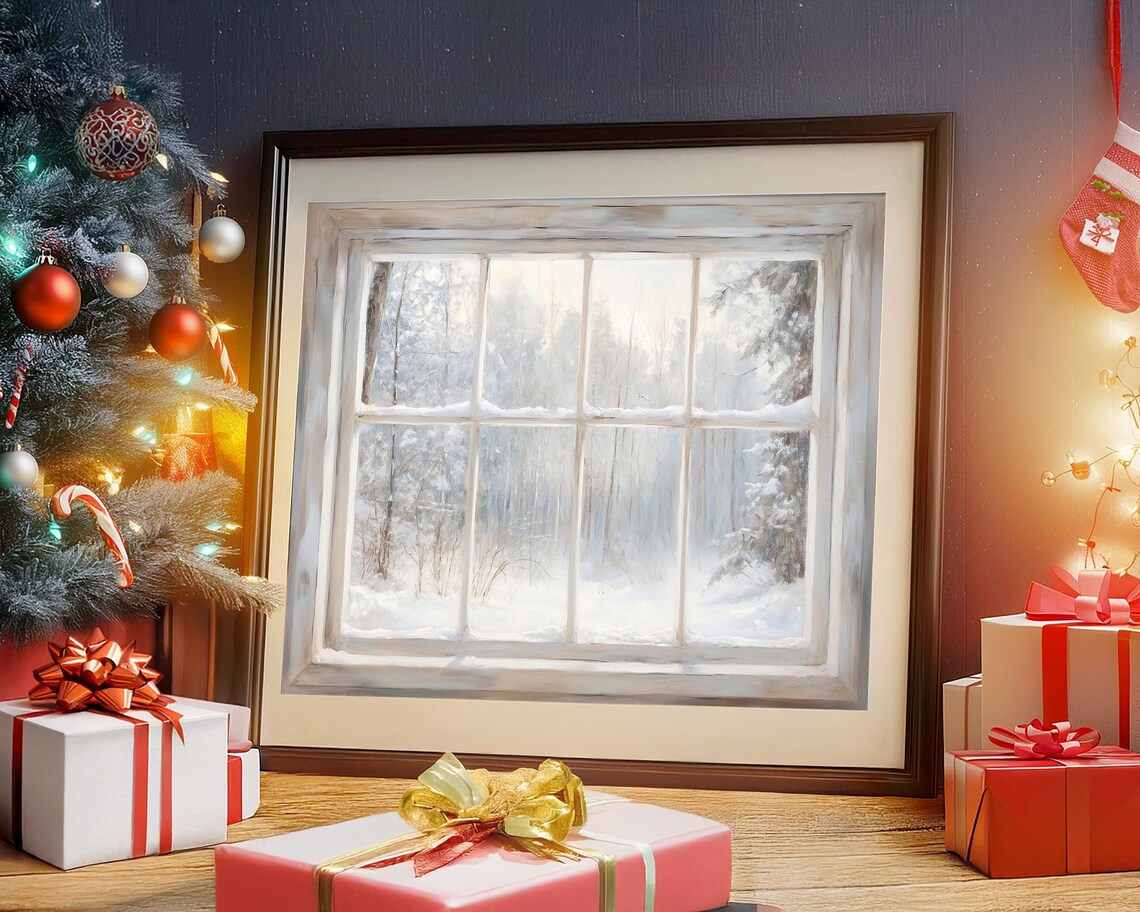 Antique Style Winter Window With Snowy Woodland View Vintage Print - Image 5
