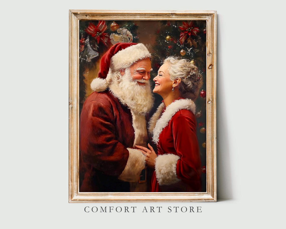 Santa and Mrs Claus Embracing in Front of Christmas Tree Poster