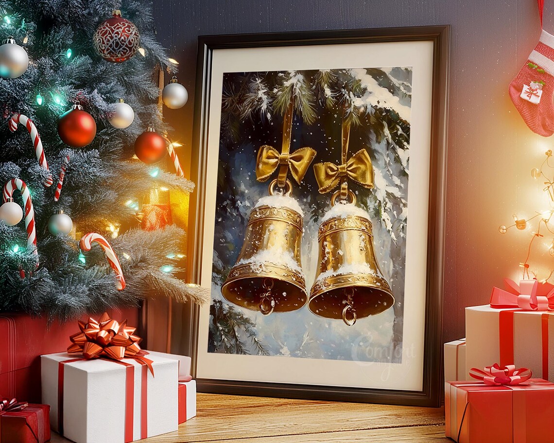 Golden Christmas Bells With Bows Hanging in the Snow Vintage Poster - Image 3