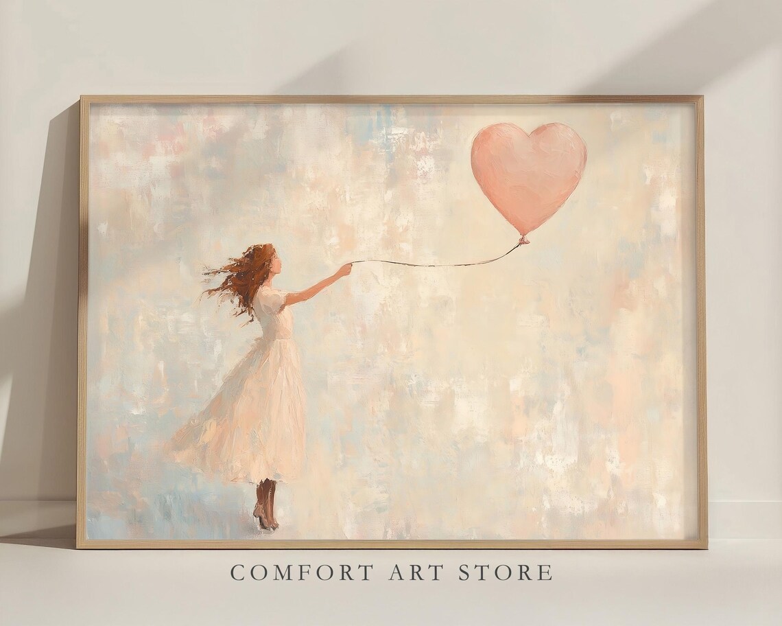 Girl With Heart Balloon Pastel Painting Romantic Valentine Wall Poster - Image 3