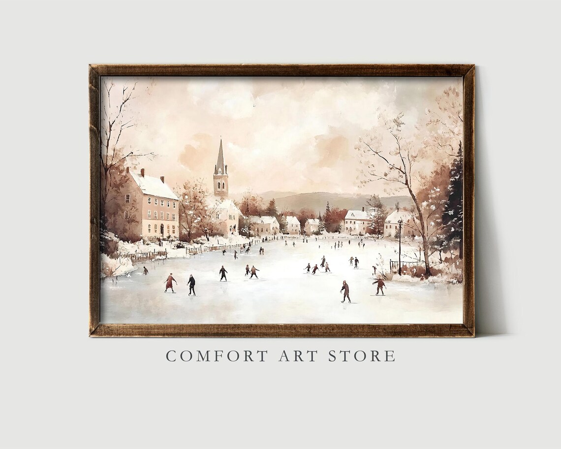 Vintage Ice Skating Winter Village Frozen Lake Christmas Scene Poster - Image 6