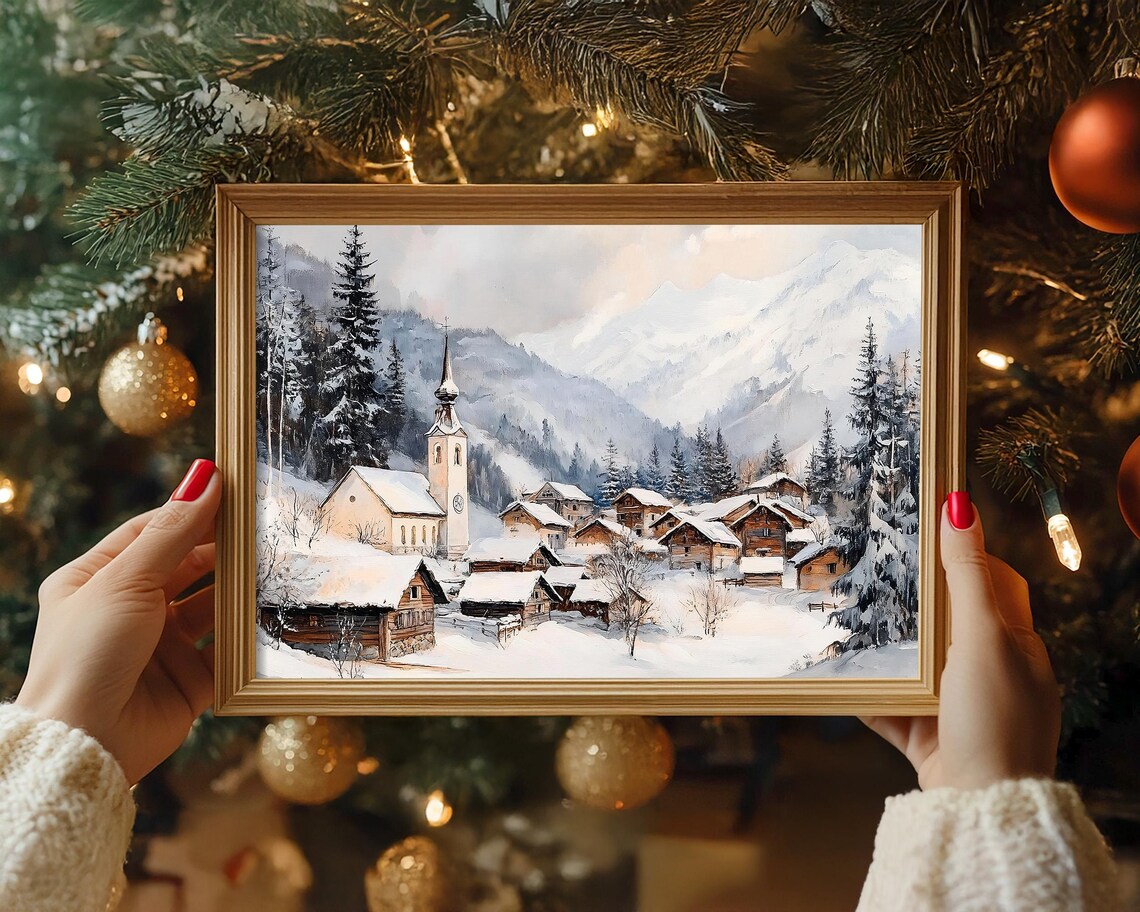 Snowy Alpine Village with Church and Mountains Winter Poster - Image 2