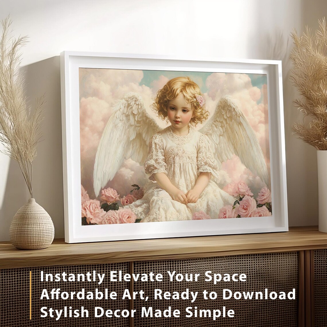 Cherubic Angel Pink Roses Vintage Oil Painting Romantic Wall Poster - Image 4