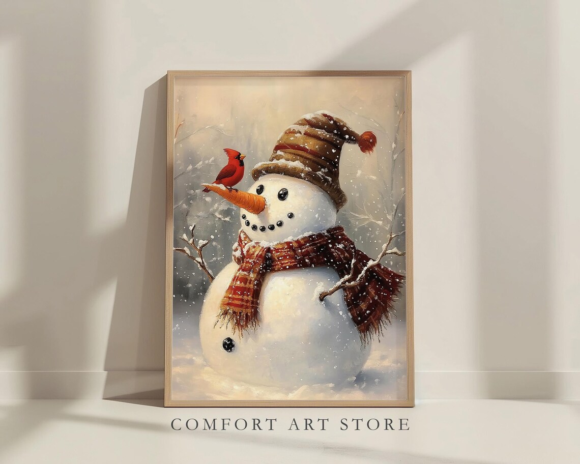 Vintage Christmas Wall Art Snowman Print Carrot Nose Red Cardinal Holiday Winter Decor Neutral Christmas Oil Painting Antique Snowman Print - Image 7