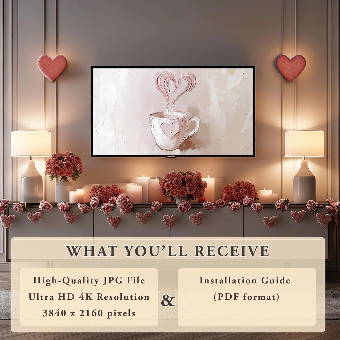 Valentines Coffee Cup Heart Steam Painting Cozy Frame TV Wall Art - Image 4