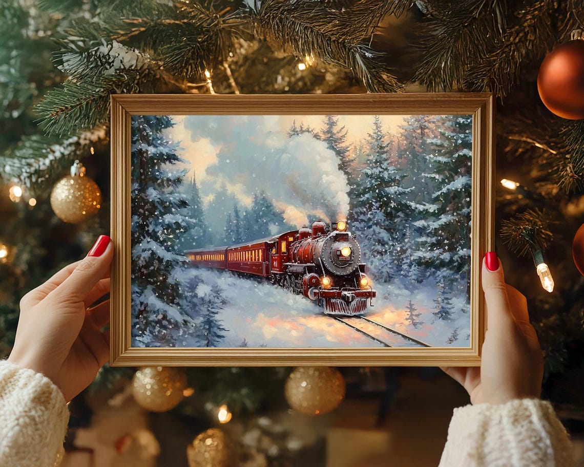 Red Steam Train Chugging Through Snowy Winter Evergreens Wall Art - Image 7