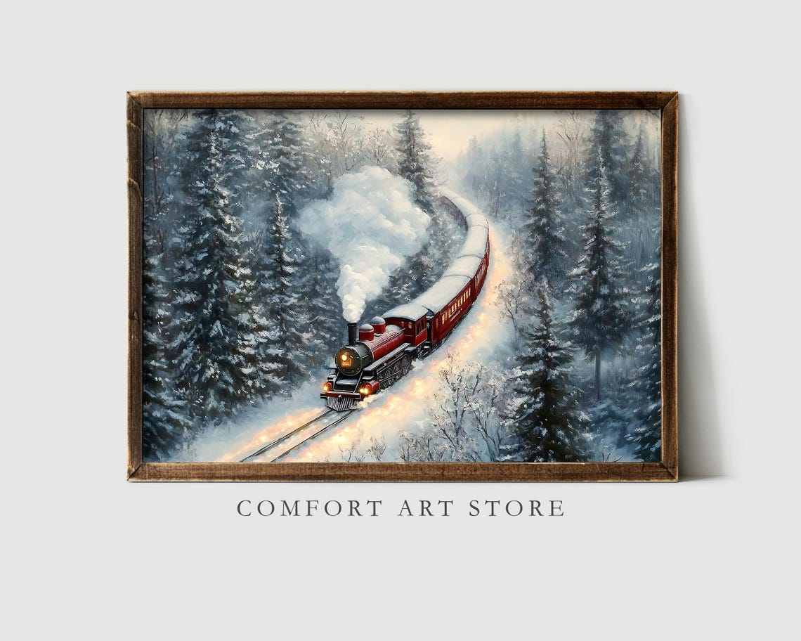 Classic Vintage Red Steam Train in Snowy Pine Forest Art Poster - Image 2