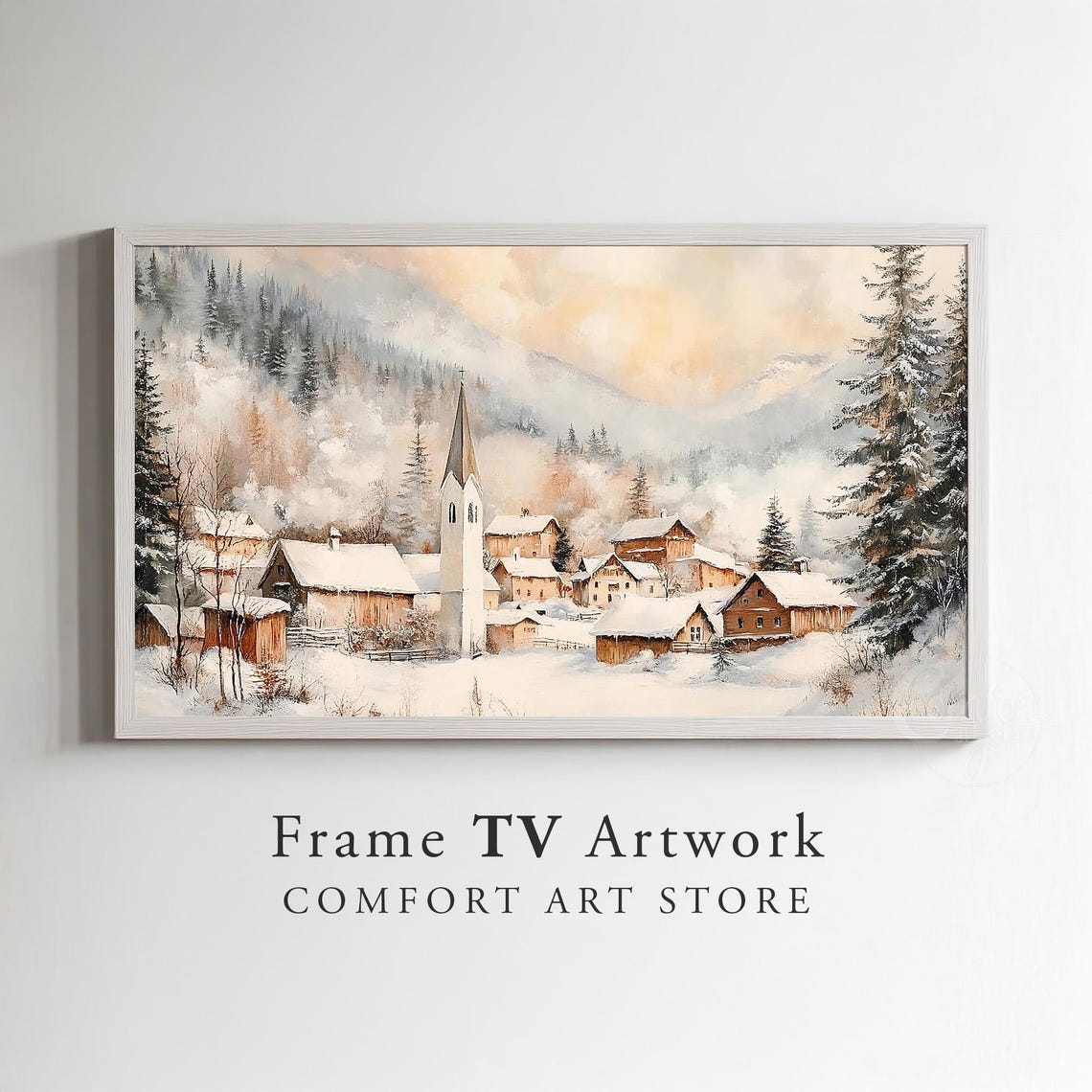 Frame Tv Art Snowy Alpine Village Vintage Christmas Antique Winter Scene Winter Landscape Painting Holiday Christmas Frame Tv Art - Image 2