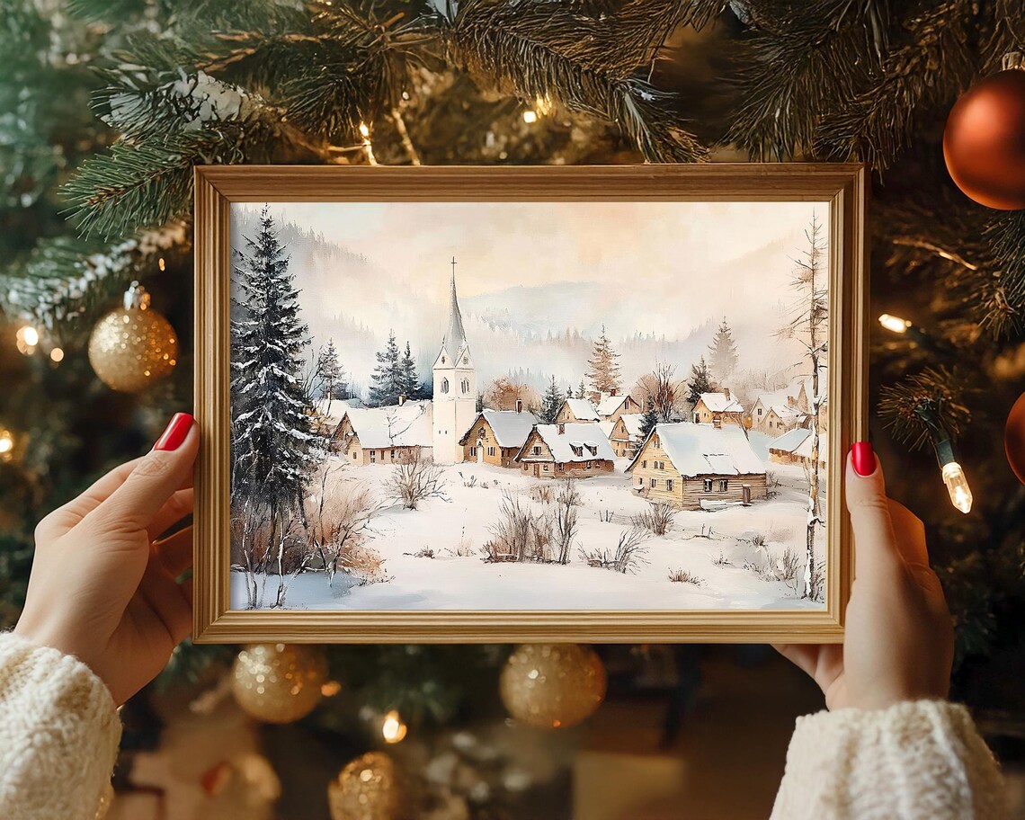 Snowy Village with Church Watercolor Winter Landscape Poster - Image 2