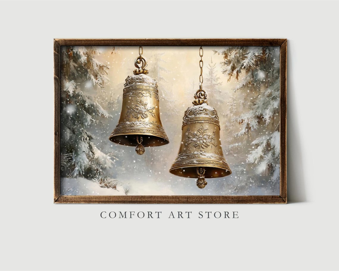 Engraved Brass Christmas Bells in a Snowy Forest Winter Poster - Image 5