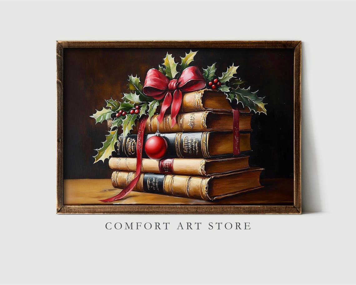 Classic Antique Book Stack with Red Bow and Holly Christmas Poster - Image 4