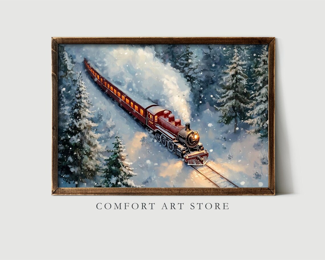 Red Steam Locomotive with Glowing Cars Crossing Snowy Pines Poster - Image 2
