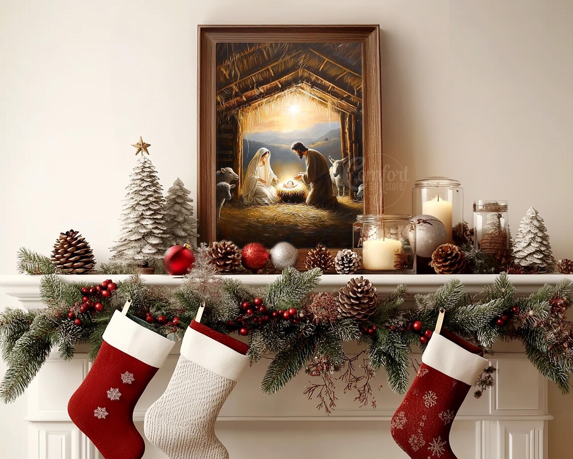 Vintage Nativity Scene Mary Joseph Baby Jesus Manger Christmas Poster - Image 6