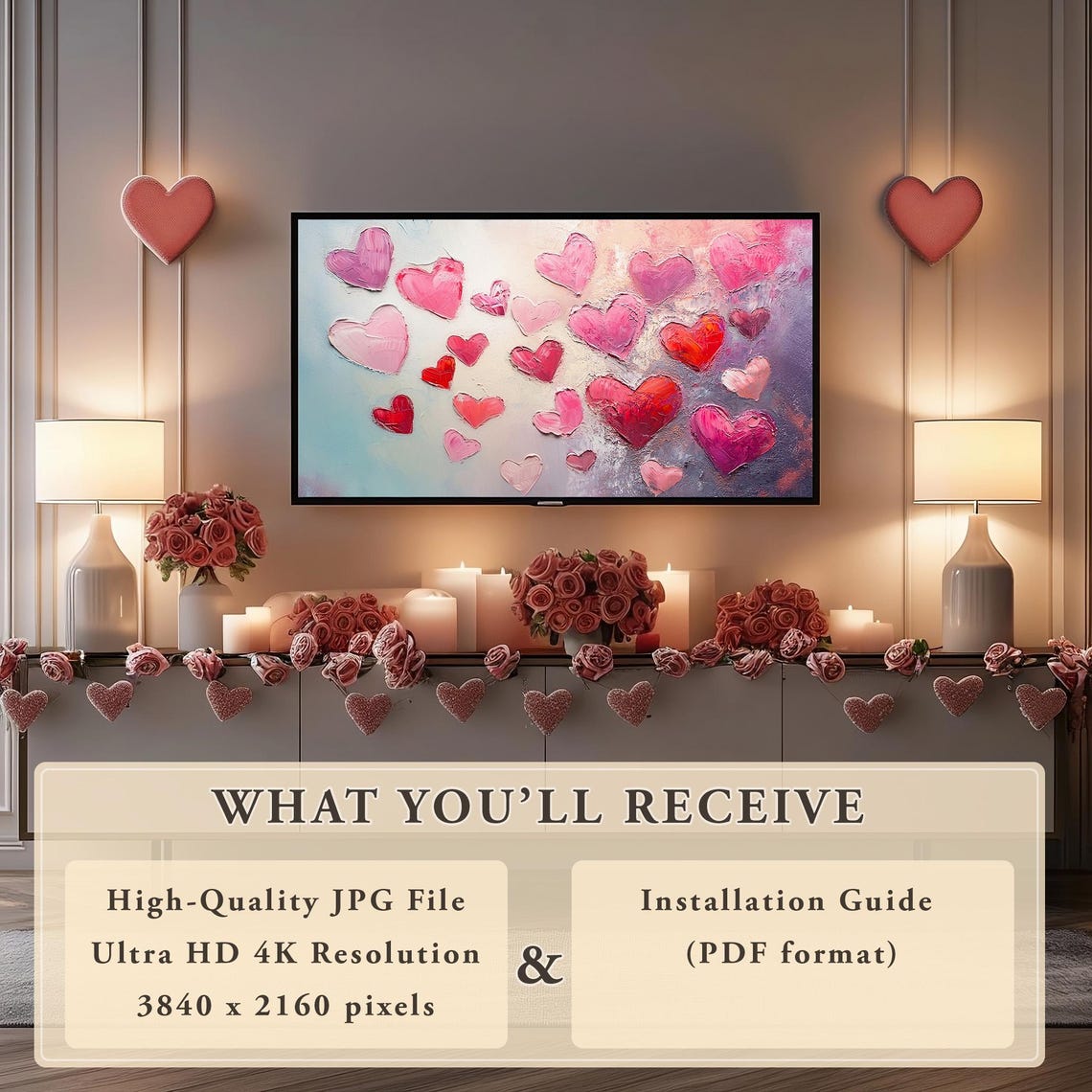 Scattered Pink Red Hearts Impasto Painting Valentines Decor Poster - Image 6