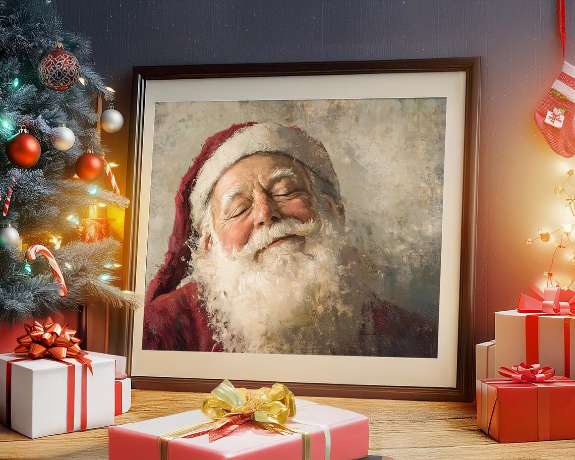 Antique Vintage Santa Claus Portrait Print Smiling Santa Claus Close Up Portrait Wall Art Christmas Scene Painting Neutral Print - Image 4